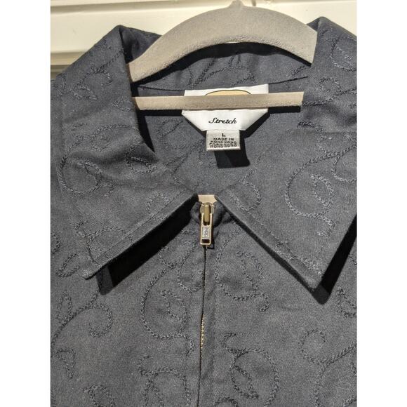 Black Cotton Stretch Full Zip Soutache Top Stitch Design Unlined Jacket Sz L - Picture 3 of 9